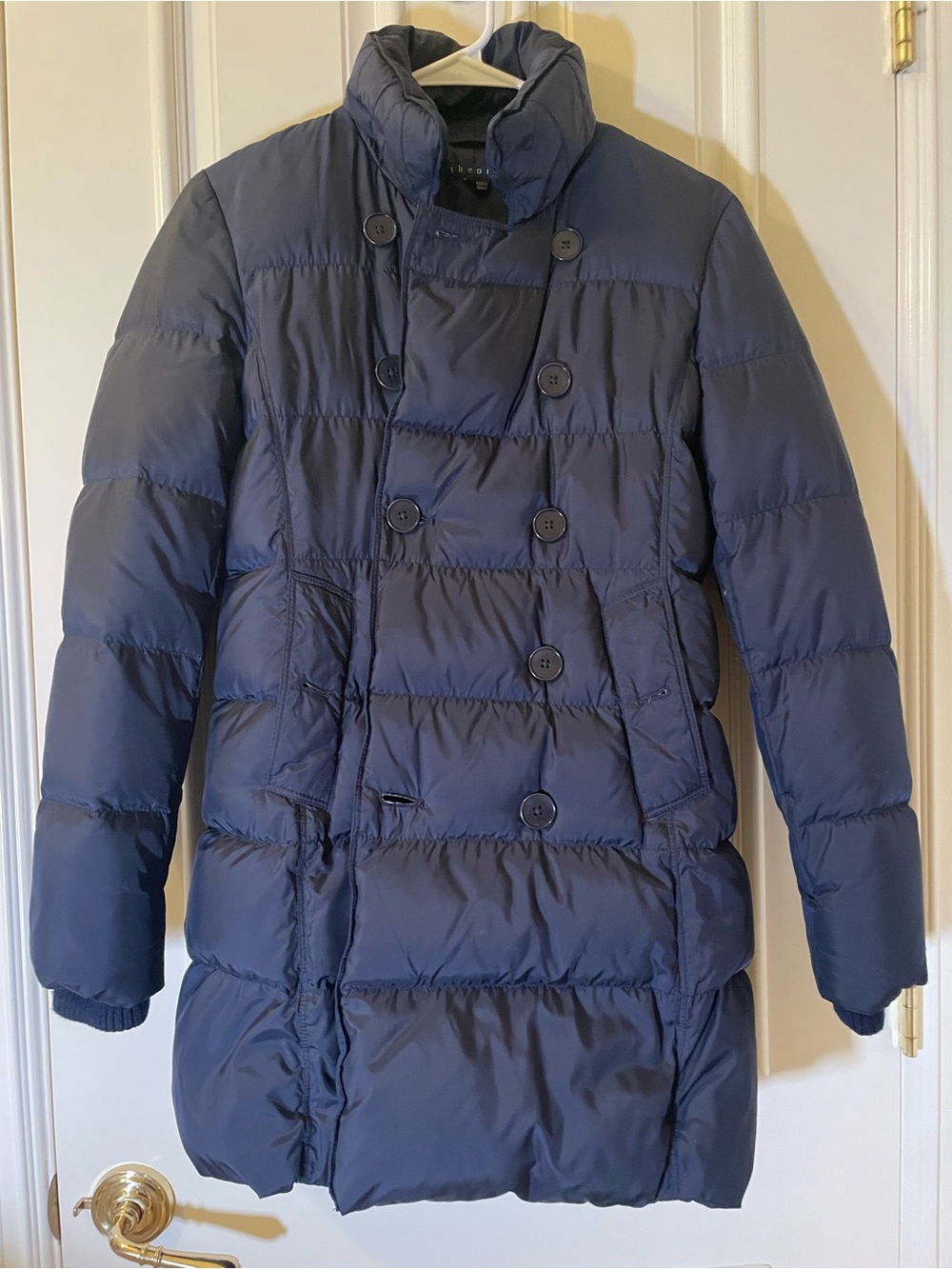 Navy Quilted Double-Breasted Puffer Coat